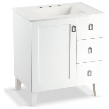 Poplin 30" Vanity Cabinet With Legs, 1 Door, 3 Drawers on Right, Linen White