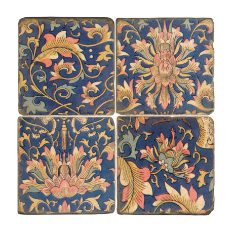 Tumbled Marble Coaster St/4 With Coaster Stand, Blue Chinoise