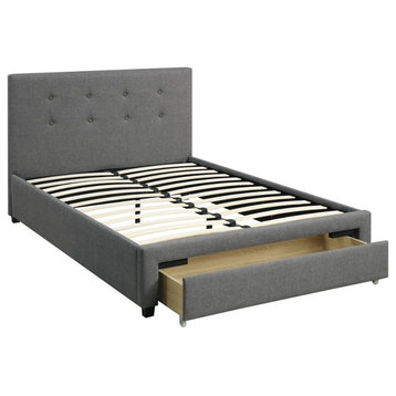 Benzara BM168619 Wooden Full Bed Button Tufted Headboard & Storage Drawer, Gray