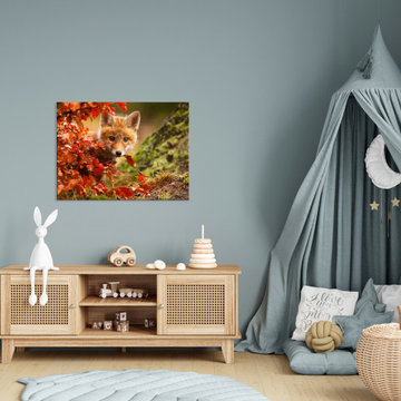Baby Red Fox Face and Autumn Leaves In Forest Rustic Farmhouse Style Wall Art Pr