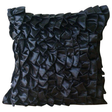 Black Satin 18"x18" Vintage Style Ruffles Pillow Cases, Vintage Black