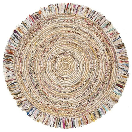 Round Coastal Jute Area Rug with Braided Design and Soft Natural Texture, Ivory Light Beige/9' X 9'