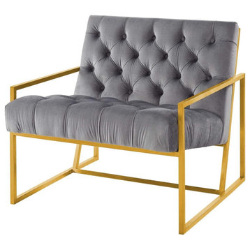 Modern Accent Chair, Gold Stainless Steel Frame With Velvet Button Tufting, Gray