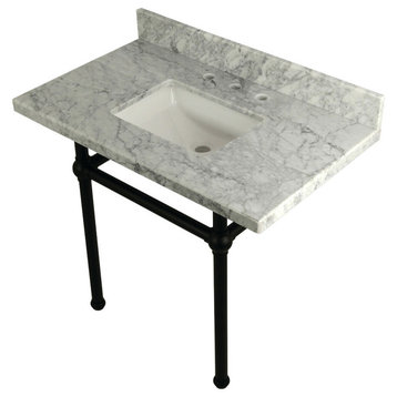 36X22 Carrara Marble Vanity Top w/Brass Console Legs, Carrara Marble/Matte Black