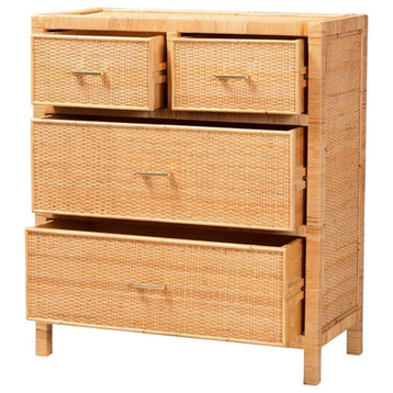 Baxton Studio Vaere Natural Brown Rattan and Mahogany Wood Storage Cabinet
