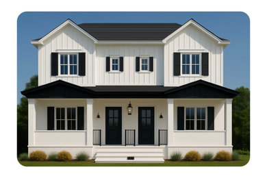 Huge trendy white two-story stucco and board and batten exterior home photo in Denver with a shingle roof and a black roof