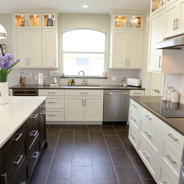 Transitional White Kitchen with Espresso Island