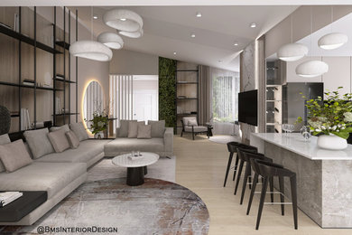 Example of a minimalist vinyl floor, beige floor and wall paneling living room design in Orlando