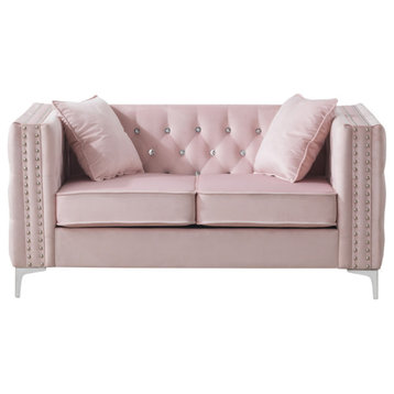 Paige 63 in. Velvet 2-Seater Sofa With 2-Throw Pillow, Pink