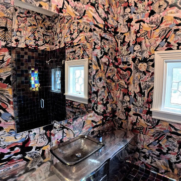 Custom Artistic Hallway Bathroom with Iridescent Tile and Bold Design