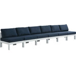 Meridian Furniture - Nizuc Water Resistant Patio Modular Straight Sofa, Navy, 6-Piece: 6 Armless Chair, White Aluminum Frame - Pick and choose your favorites from the Nizuc collection to create a modular seating group the whole gang will enjoy. The sturdy aluminum frame provides dependable support for friends and family as they relax and unwind, and the resilient navy water resistant fabric stands up to the elements without losing its beautiful demeanor, so you can count on it lasting for the long haul. Latches beneath these seating pieces help you easily attach them to one another for convenient setup.