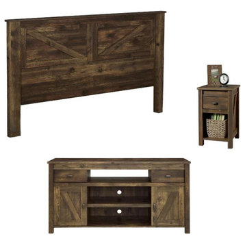Home Square 3 Piece Set with Queen Headboard Nightstand and TV Stand in Rustic