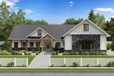 Farmhouse white one-story mixed siding exterior home idea in Other with a metal roof