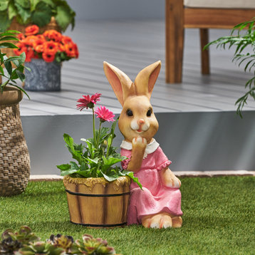Russell Outdoor Decorative Rabbit Planter, Brown and Pink
