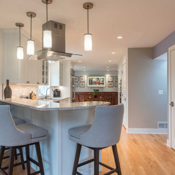 Modern Kitchen with White Flat Panel Shaker Cabinets & Natural Stone Backsplash