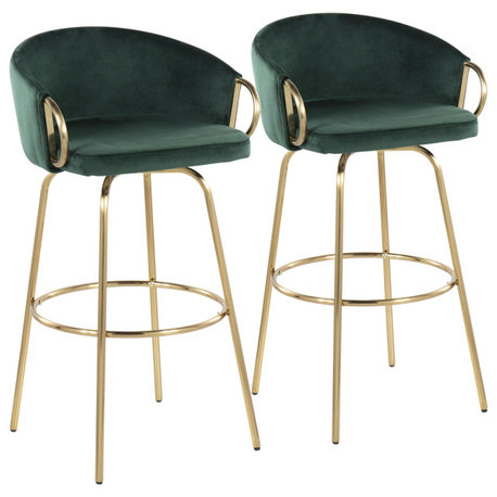 Claire 30" Fixed-Height Bar Stool, Set of 2, Gold Metal, Green Velvet