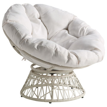 Papasan Chair With White Round Pillow Cushion and White Wicker Weave