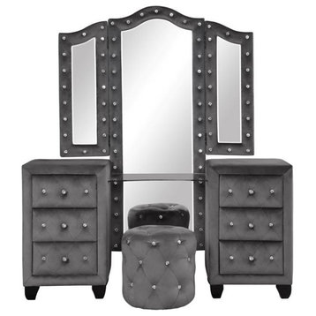 Sophia Crystal Tufted Vanity Set finished with Velvet Fabric / Wood in Gray