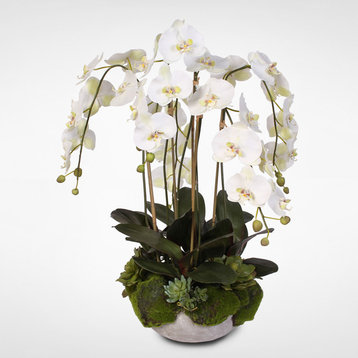 Silk White Orchids With Faux Moss And Succulents With Modern Stone Bowl