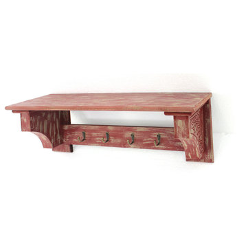Vintage Red Wooden Wall Shelf With 4 Metal Hooks