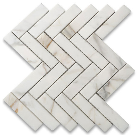 Calacatta Gold Calcutta Oro Marble 1x4 Herringbone Mosaic Tile Polishe, 1 sheet