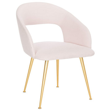 Mid Century Dining Chair, Gold Legs, Viscose Blend Seat & Open Back, Light Pink