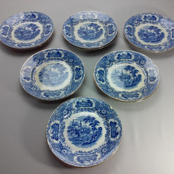lote de doce platos llanos de cer&aacute;mica Pickman. Modelo vistas azul. Principios d - Dinner Plates