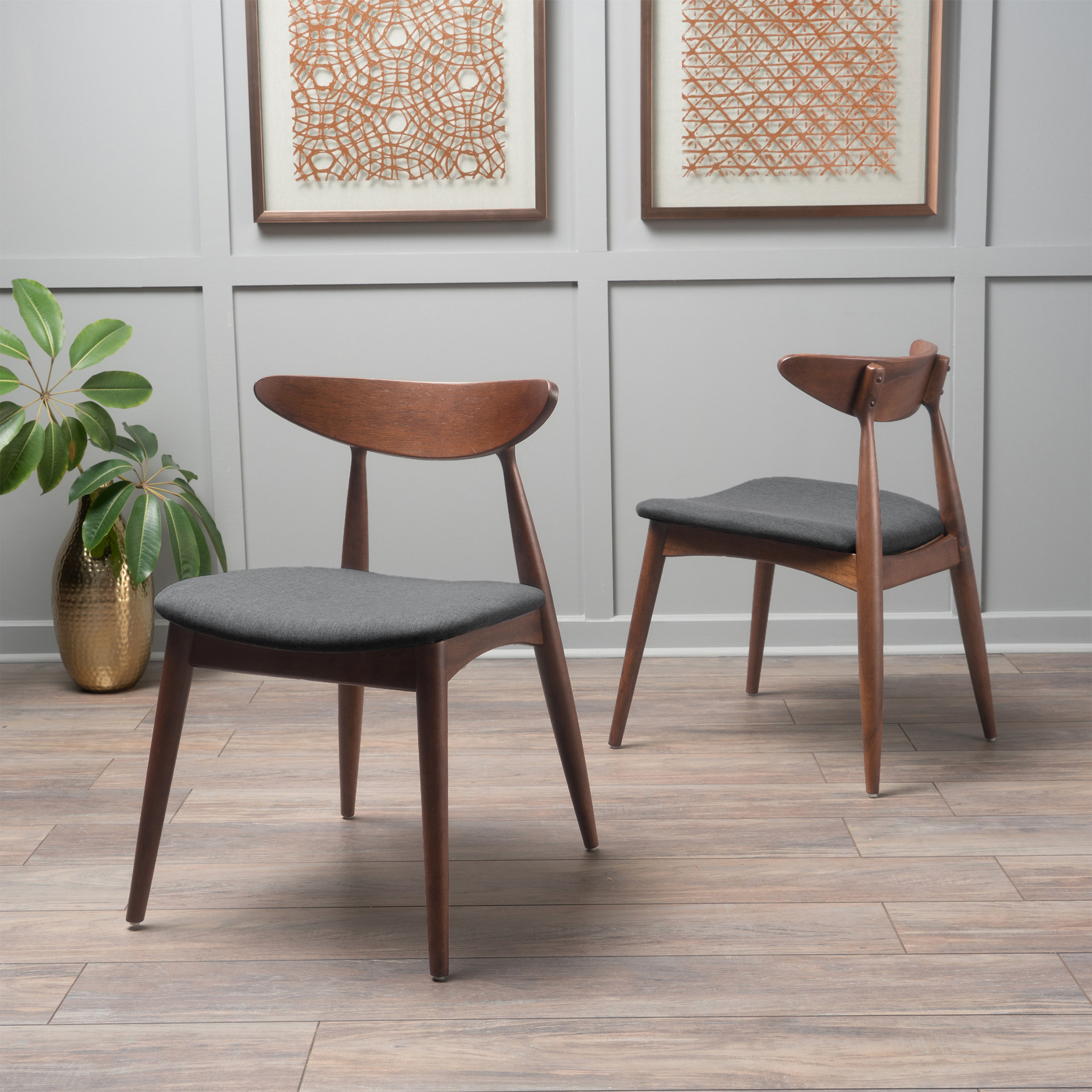GDF Studio Issaic Mid Century Design Wood Dining Chairs, Set of 2, Charcoal/Walnut