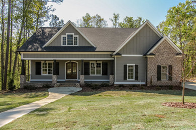 Large craftsman gray two-story mixed siding gable roof idea in Atlanta