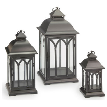 Set of 3 Indoor/Outdoor Metal & Temepered Glass Lanterns- Black