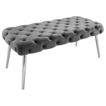 48" Gray And Silver Upholstered Velvet Bench