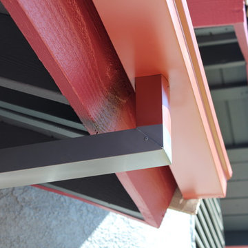 Seamless Box Style Gutters, Colonial Red, Storm Gray Downspouts