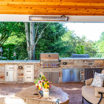 Pool Side Covered Patio with Fireplace and Bar Area