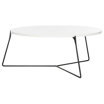 Contemporary Coffee Table, Y-Shaped Metal Base With Round Top, Lacquered White