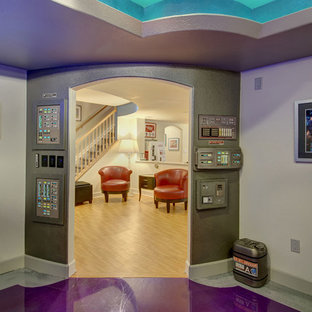 Design ideas for a medium sized classic look-out basement in Denver with beige walls, lino flooring and purple floors.