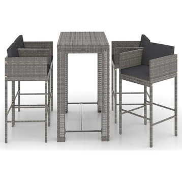 vidaXL Patio Bar Set 5 Piece with Cushions Poly Rattan Gray Garden Chair Seat