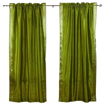 Lined-Olive Green 84-inch Rod Pocket Sheer Sari Curtain Panel  (India) - Pair