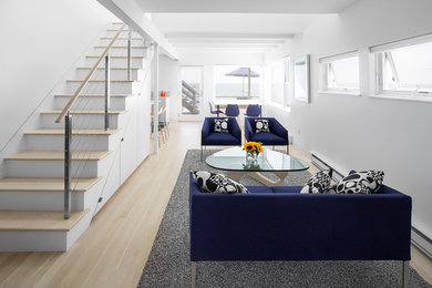 Small minimalist open concept light wood floor living room photo in Boston with white walls and no tv