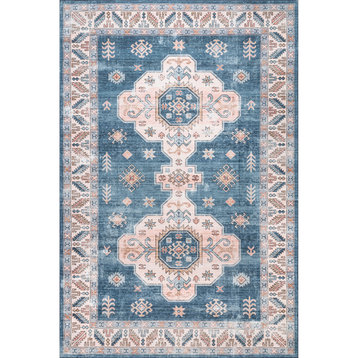 nuLOOM Norma Machine Washable Traditional Medallion Area Rug, Blue 4' x 6'