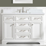Design Element - Milano Single Vanity, White, 48" - Combining classic charms with modern features, the elegant Milano vanity collection by Design Element will instantly transform your bathroom into a work of art. All Milano vanity cabinets are constructed from solid birch hardwood and paired with a 1 inch thick white quartz countertop and backsplash. Soft closing doors and drawers provide smooth and quiet operations, while brushed finished metal hardware provides the perfect finishing touch. Other fine details include white porcelain sinks with overflow, dovetail joint drawer construction, predrilled holes to accommodate 8-inch widespread faucets, and multi-layer paint finish on the cabinets provide beauty and durability for years to come.