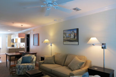 Living room - large traditional open concept carpeted and brown floor living room idea in Miami with gray walls and no fireplace