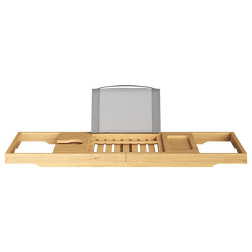 Bamboo Bathtub Tray Bath Caddy With Book, Phone, Cup Holder, and Extended Sides