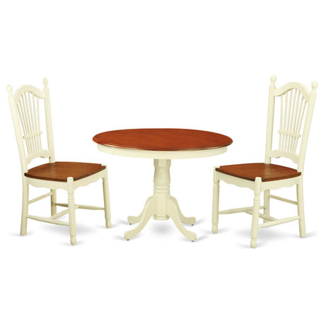 3-Piece Set, A Round Small Table, 2 Leather Kitchen Chairs, Buttermilk/Cherry