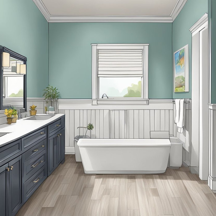 A modern bathroom with a bathtub in the center