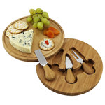 Picnic at Ascot - Feta Cheese Board Set - The Feta round cheese board set with hidden swivel base with tools. Includes three stainless steel serving utensils with bamboo handles. Convenient compact size and juice groove detail. Great to take along to an outdoor picnic and makes an excellent gift. Natural bamboo wood. Lifetime Warranty.