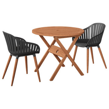 Amazonia Ricard Eucalyptus 3 Piece Outdoor Round Dining Set With Black Chairs