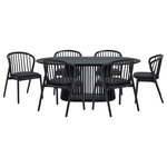 Armen Living - Pasadena Echo 7-Piece Oval Dining Set, Black Oak Finish With Black Faux Leather - Enhance your dining space with the Pasadena Echo 7 Piece Oval Dining Set. This 7-piece dining set includes 1 Pasadena oval dining table and 6 Echo dining chairs with faux leather upholstery. The versatile chairs merge style and functionality, making them a perfect addition to your dining room, kitchen, accent, or vanity chairs. Crafted with precision and a keen eye for detail, the Echo dining chairs showcase a stunning combination of solid wood and easily maintained faux leather upholstery. The Windsor style chair back and angular frame creates a timeless silhouette. This modern design not only guarantees durability but also imparts a timeless aesthetic, making these chairs an ideal choice for those seeking a cohesive and refined furniture set. With a generous tabletop length of 79 inches and a width of 43 inches, this dining room table features a beautiful solid wood base and concrete bottom for added stability. The retro allure of mid-century design is present in the slatted pedestal base, further elevating its appeal, whilst lending its unmistakable character and attractive, architectural-like quality. This oval dining set can be used in formal or casual dining settings. The Pasadena Echo dining set is available in an all-black finish with black faux leather upholstery, a black finish table with walnut chairs and black faux leather upholstery, or a black base table with walnut tabletop and chairs with black faux leather upholstery.