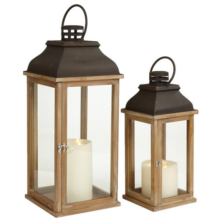 Classic Farmhouse Candle Lantern Set of 2 Large Wood Rust Iron Traditional