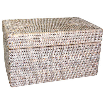 White Rattan Rectangular Lidded Storage Basket