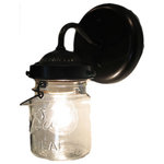 The Lamp Goods - Vintage Mason Jar Sconce Light, Antique Black - A handcrafted sconce lamp that lights a clear, vintage canning jar with all its own history and 'age' marks. Featuring both the original wire-bails and raised lettering.